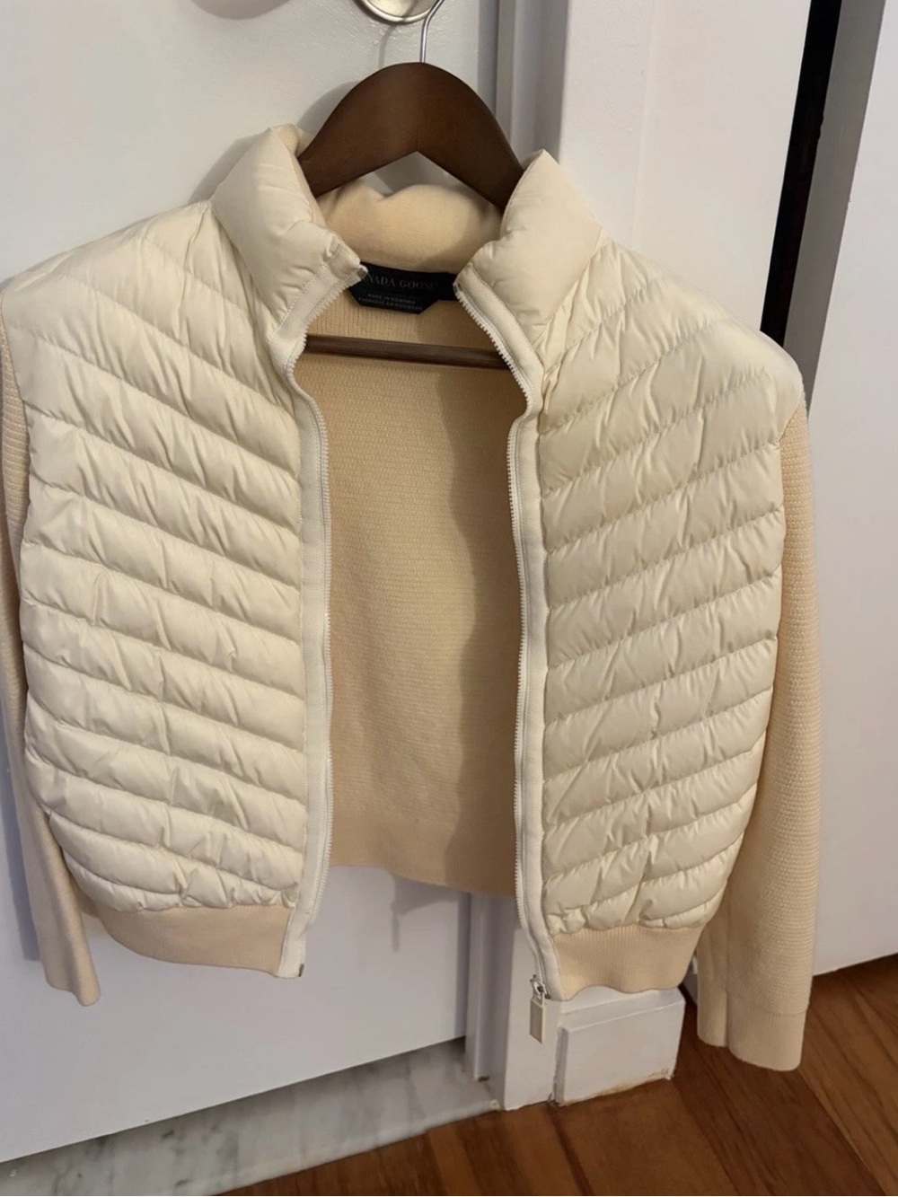 Canada Goose Cream Quilted Puffer Jacket with Knit Sleeves
